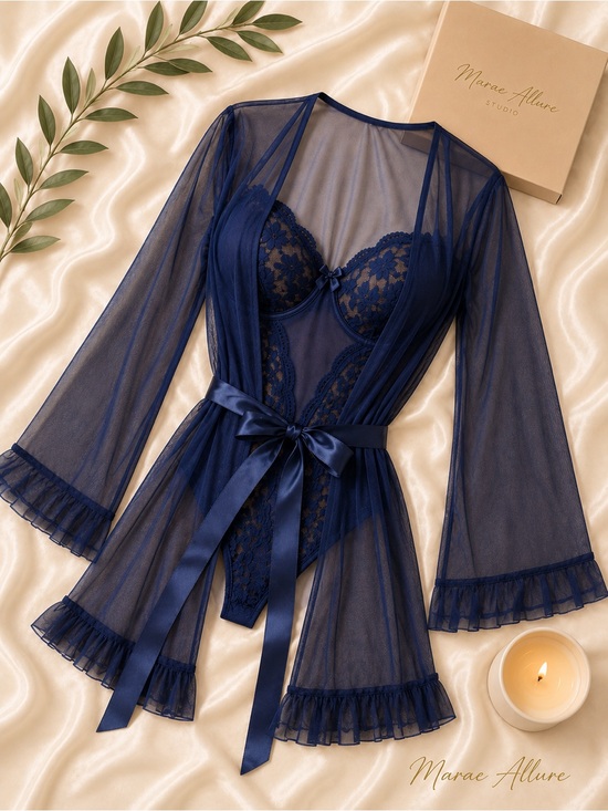 Marae Allure Other - NWT Royal Blue Sheer Lingerie Teddy Robe Stockings Set